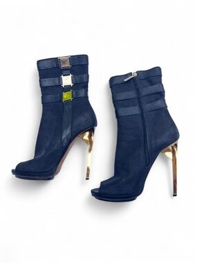 Vintage Herve Leger Black Suede Mid-Calf Heeled Ankle Booties EU 38.5
